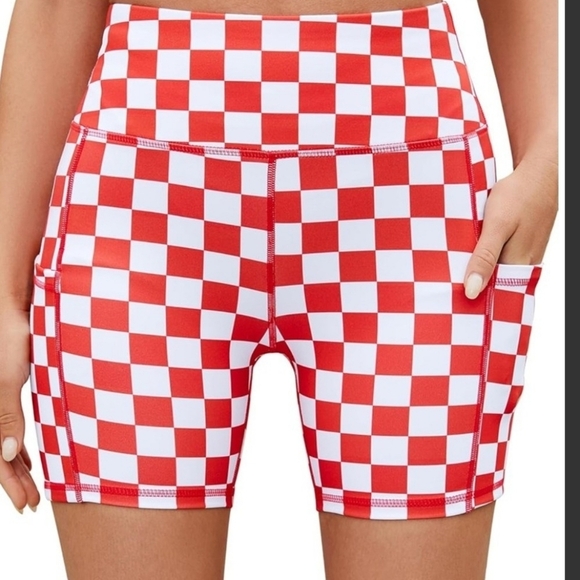 Pants - Red and White Checkered Women's High Waisted Athletic Shorts With Pockets